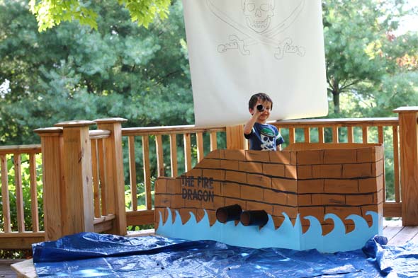 pirate party with pirate ship made out of a cardboard box